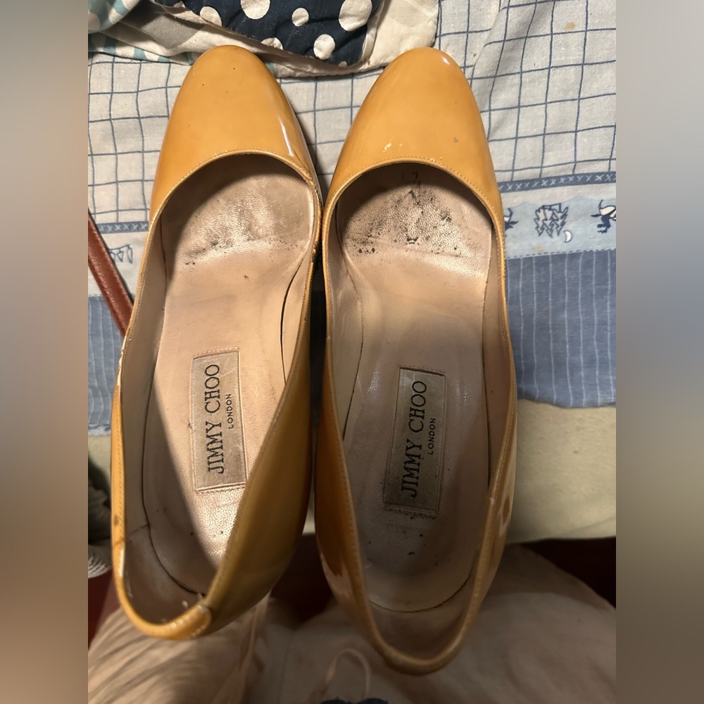 Jimmy Choo Mustard Yellow High Pump Patent Leather Heels Shoes Women 38 7.5